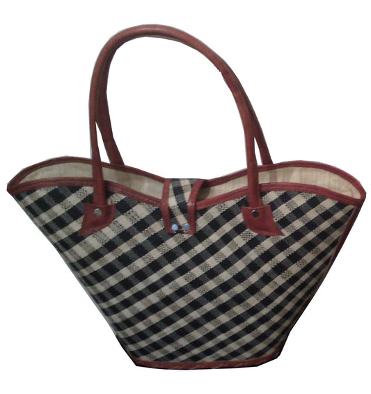 Sac à main en raphia à motif vichy – finition cuir