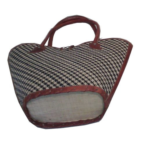 Sac à main en raphia à motif vichy – finition cuir trait fin