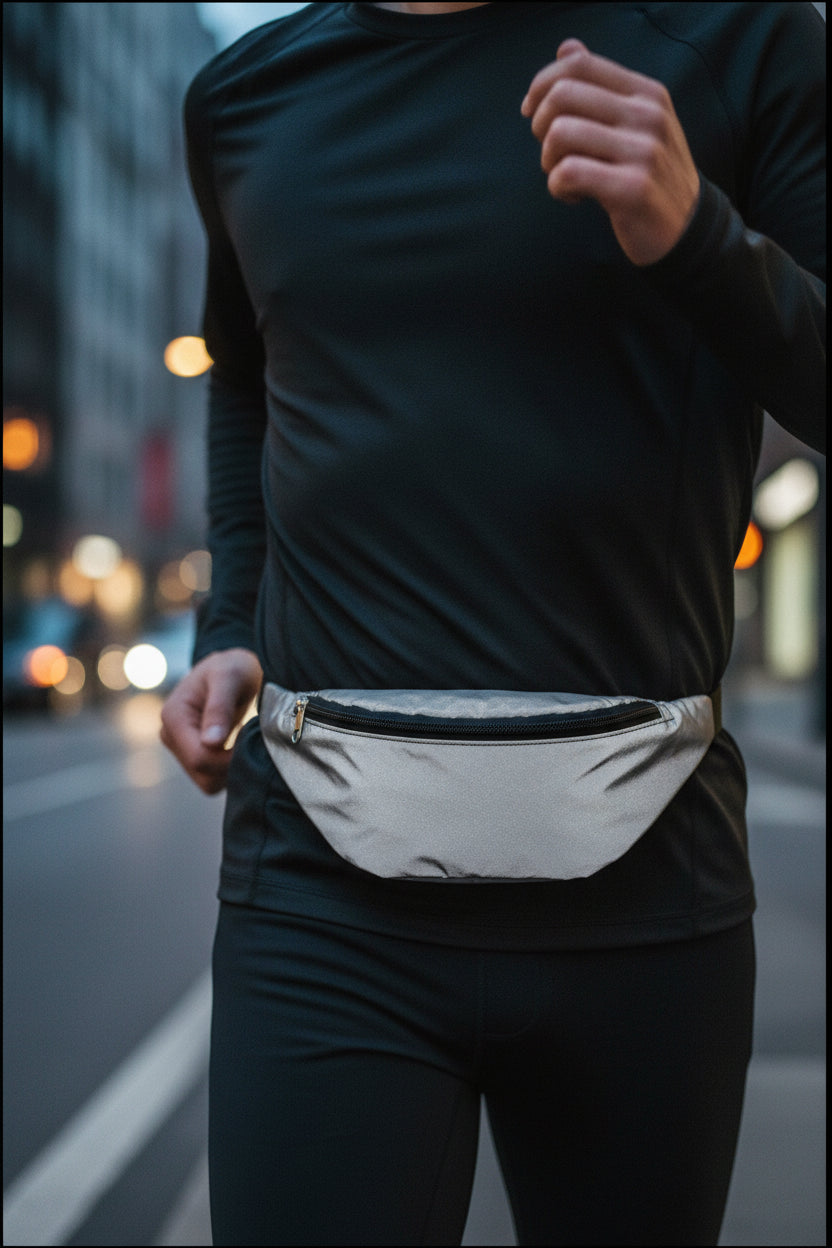 Sac banane gris haute visibilité réfléchissant porté à la taille – Bmassy