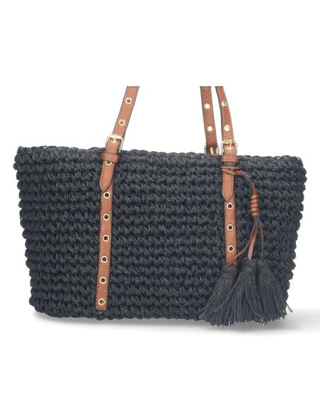 Sac à main noir raphia tressé artisanal bandoulière élégante