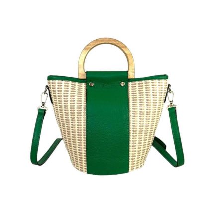 Sac Seau en Raphia et Cuir Clair et Vert – Poignées Bois & Bandoulière Ajustable