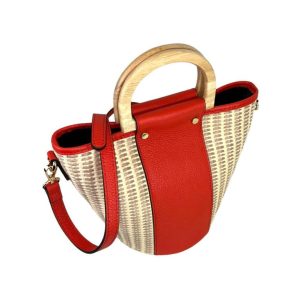 Sac Seau en Raphia et Cuir Rouge – Poignées Bois & Bandoulière Ajustable
