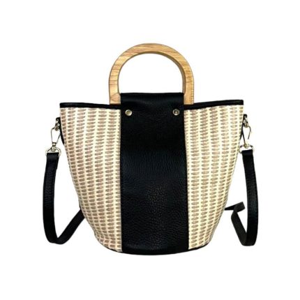 Sac Seau en Raphia et Cuir Clair et Noir – Poignées Bois & Bandoulière Ajustable