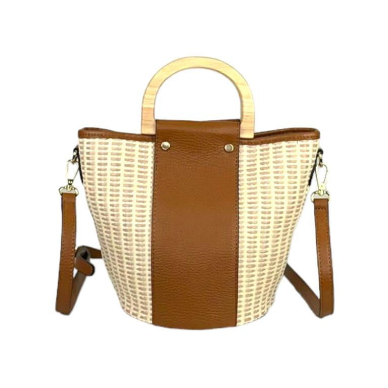 Sac Seau en Raphia et Cuir Clair et Marron – Poignées Bois & Bandoulière