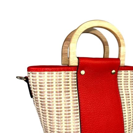 Sac Seau en Raphia et Cuir Rouge – Poignées Bois & Bandoulière Ajustable