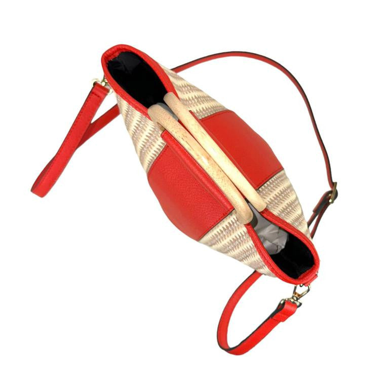 Sac Seau en Raphia et Cuir Rouge – Poignées Bois & Bandoulière Ajustable