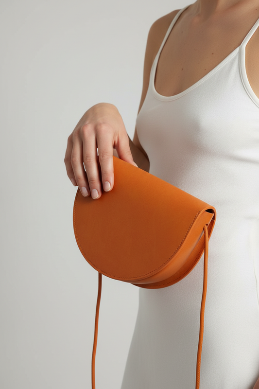 Sac demi-lune orange tenu à la main – Bmassy