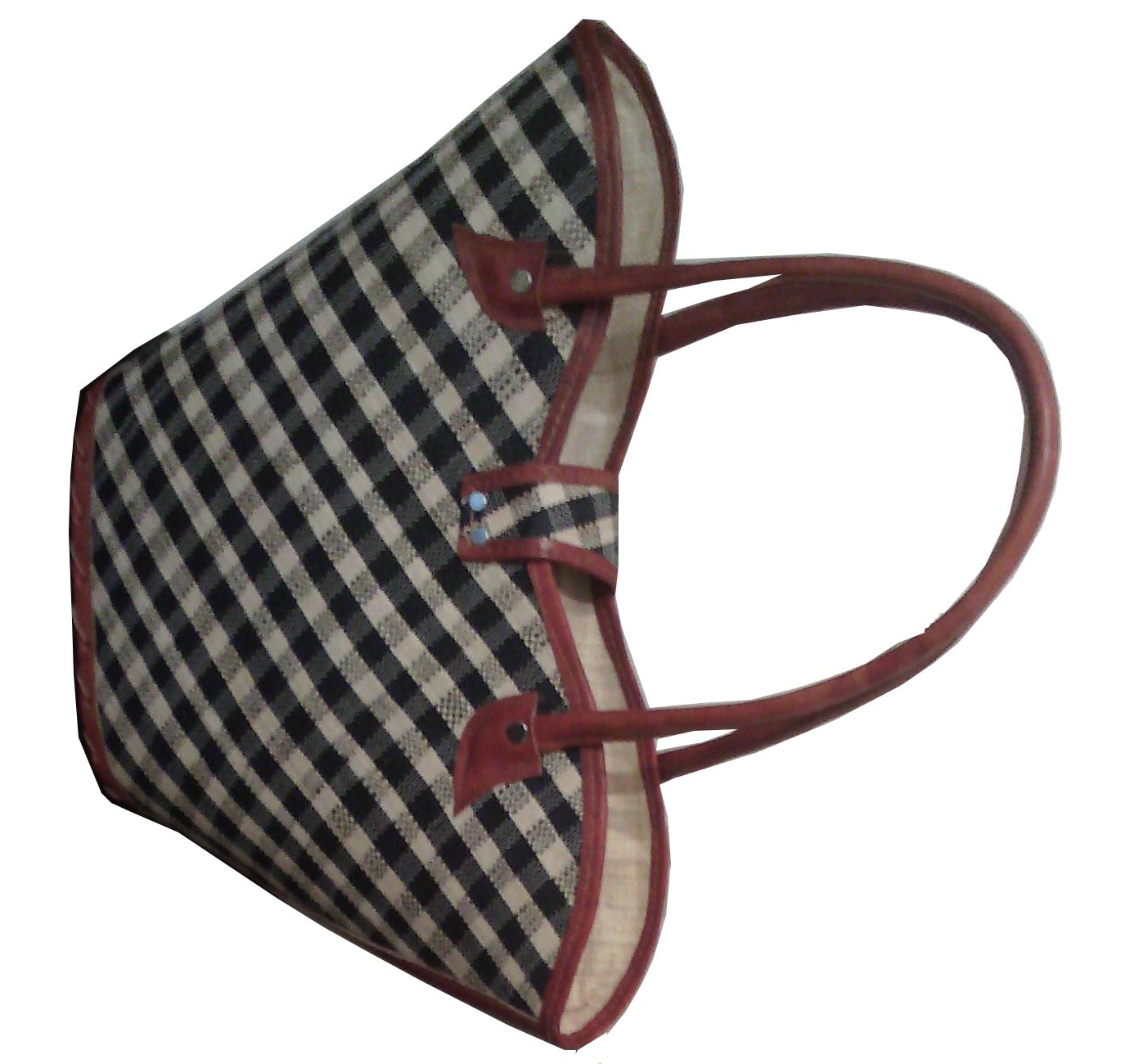Sac à main en raphia à motif vichy – finition cuir