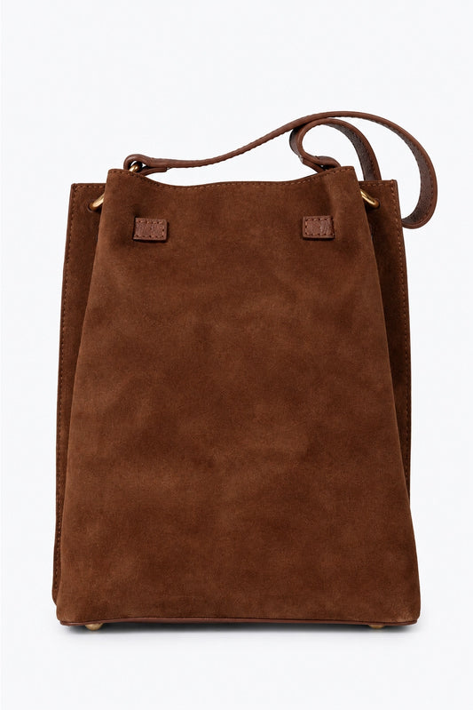 Sac rectangulaire en cuir velours marron, vue arrière