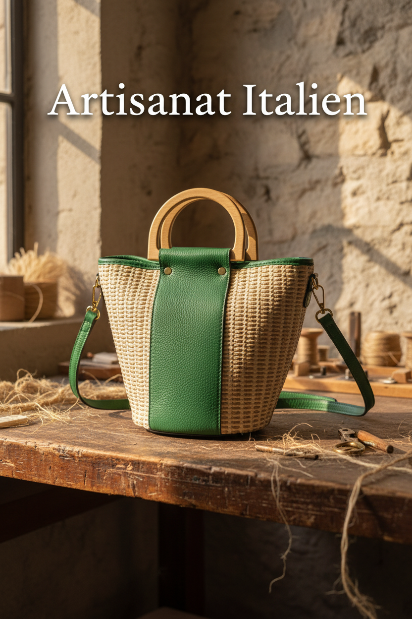 Sac seau raphia cuir vert – détail poignées bois – Bmassy