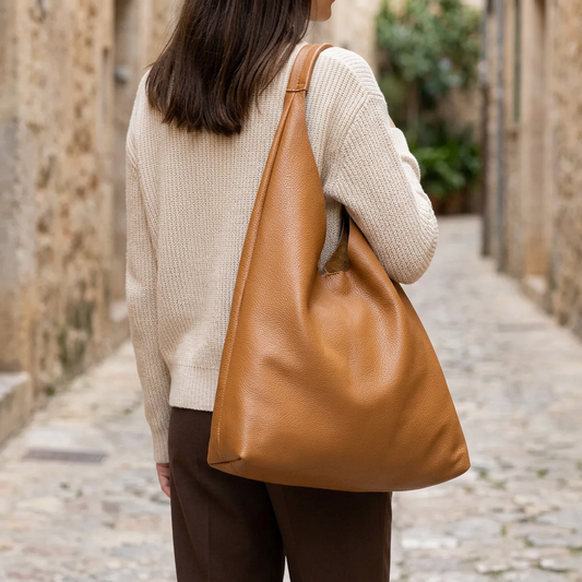 Sac shopper en cuir grainé camel porté à l’épaule par une femme vue de dos