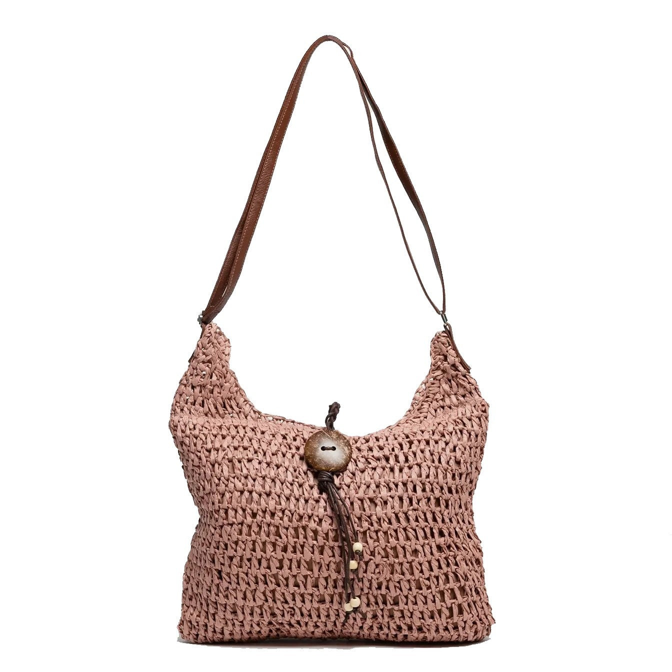 Sac à main bandoulière femme rose en raphia naturel avec fermeture glissière - Style bohème chic