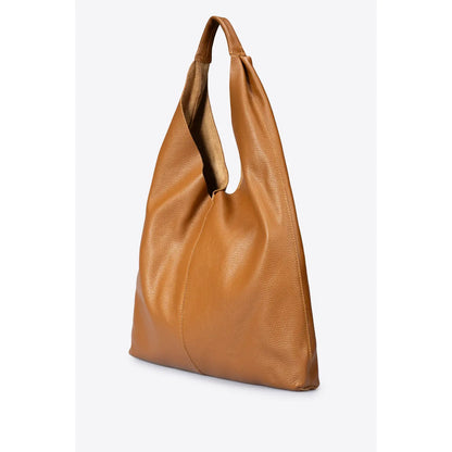 Sac shopper camel en cuir véritable, avec anse de porté épaule, vu de trois quarts 