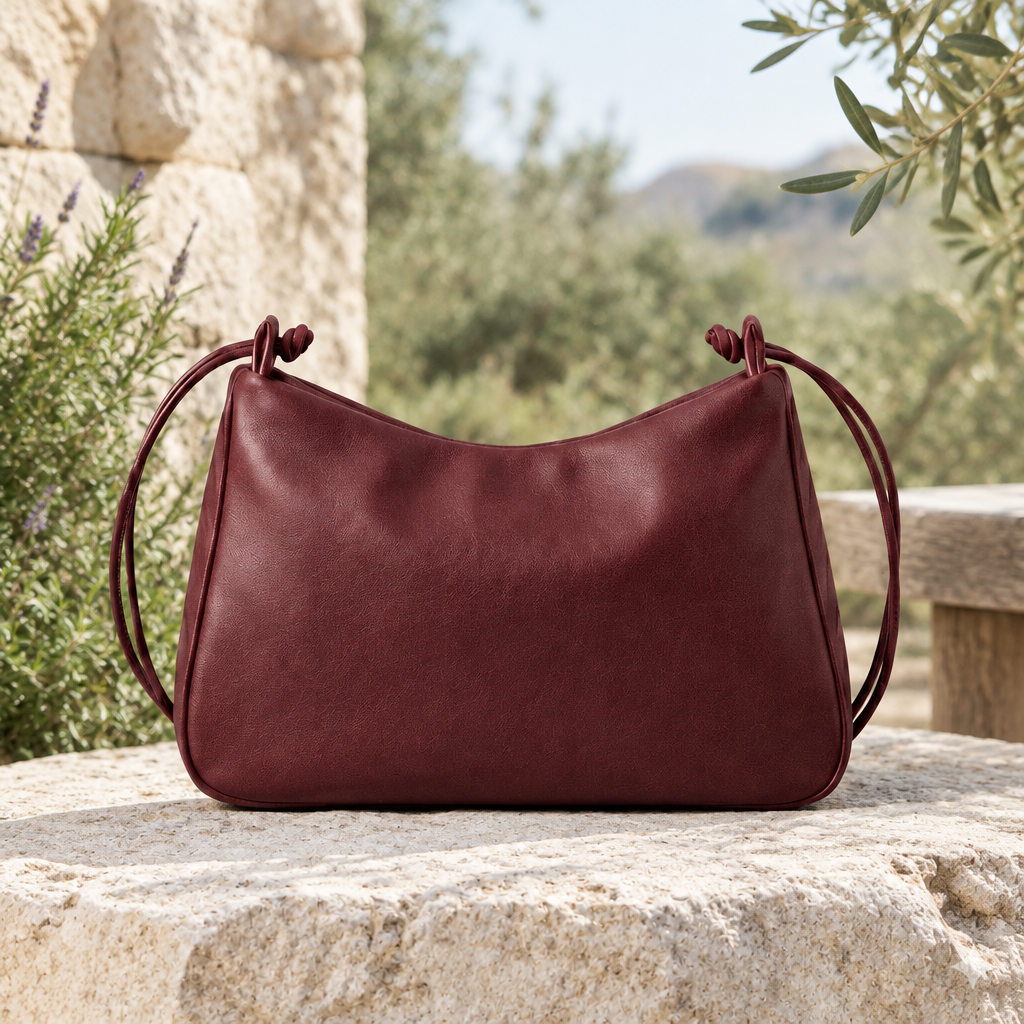 Sac à main LOLI bordeaux dans un décor naturel, fait main - BMASSY 