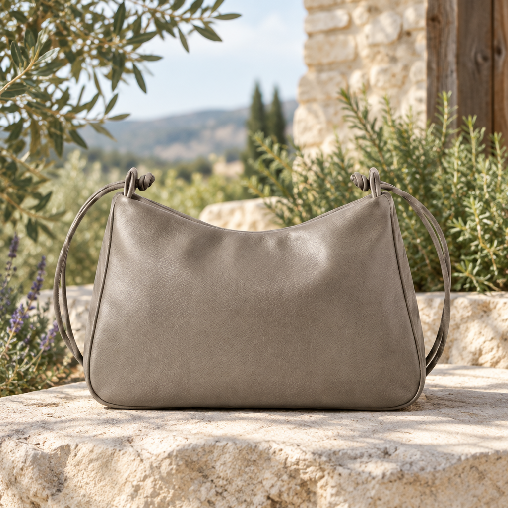 Sac à main LOLI gris dans un décor naturel, fait main - BMASSY