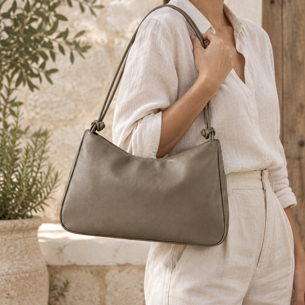 Sac à main LOLI gris porté à l’épaule, fait main - BMASSY