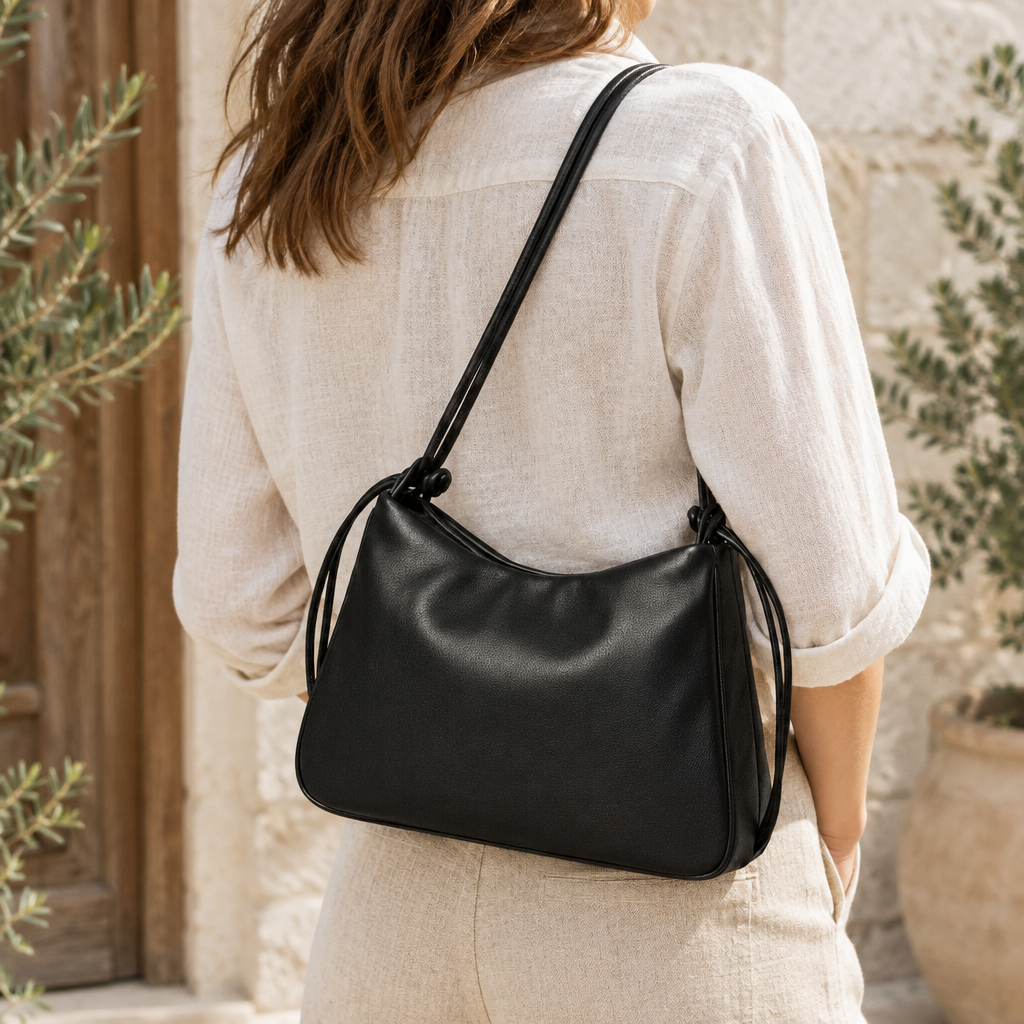 Sac bandoulière LOLI noir porté sur le dos fait main - BMASSY