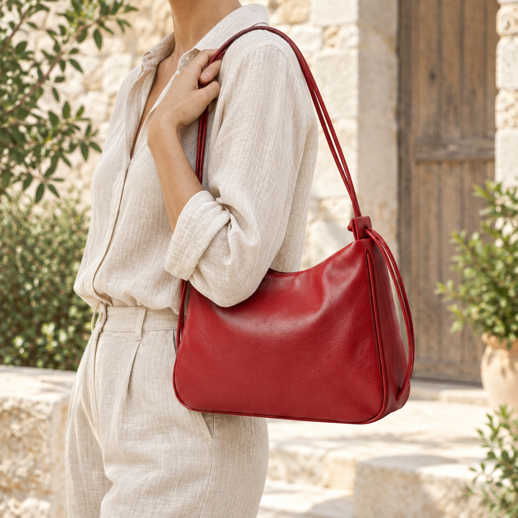 Sac à main LOLI rouge porté à l’épaule, fait main - BMASSY