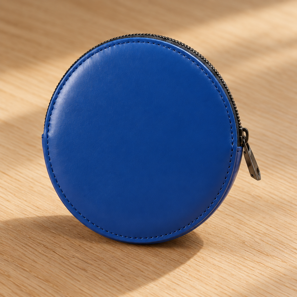 Pochette Almita Grande en cuir bleu posée sur une table