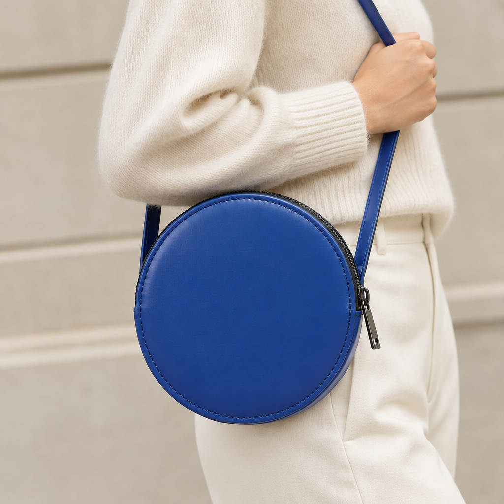 Pochette Almita Grande en cuir bleu portée à l’épaule
