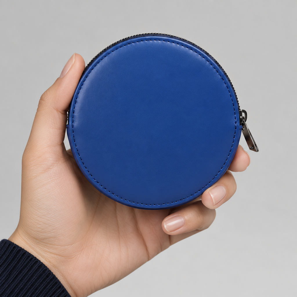 Pochette Almita Grande en cuir bleu tenue à la main