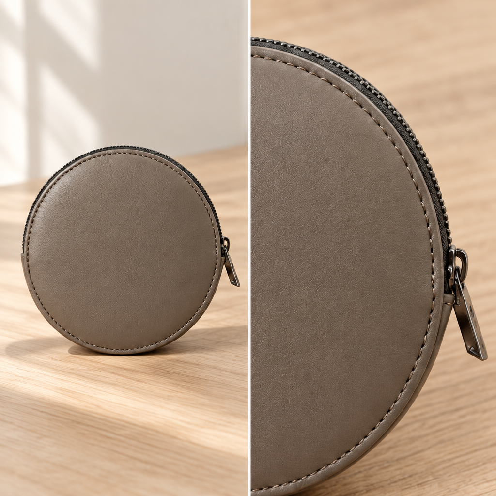 Pochette Almita Grande en cuir gris posée sur une table