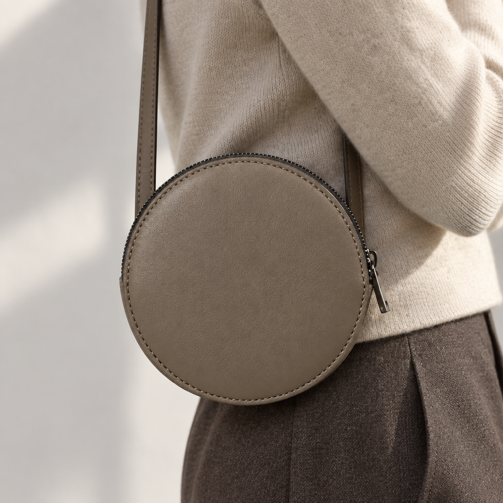 Pochette Almita Grande en cuir gris portée à l’épaule 