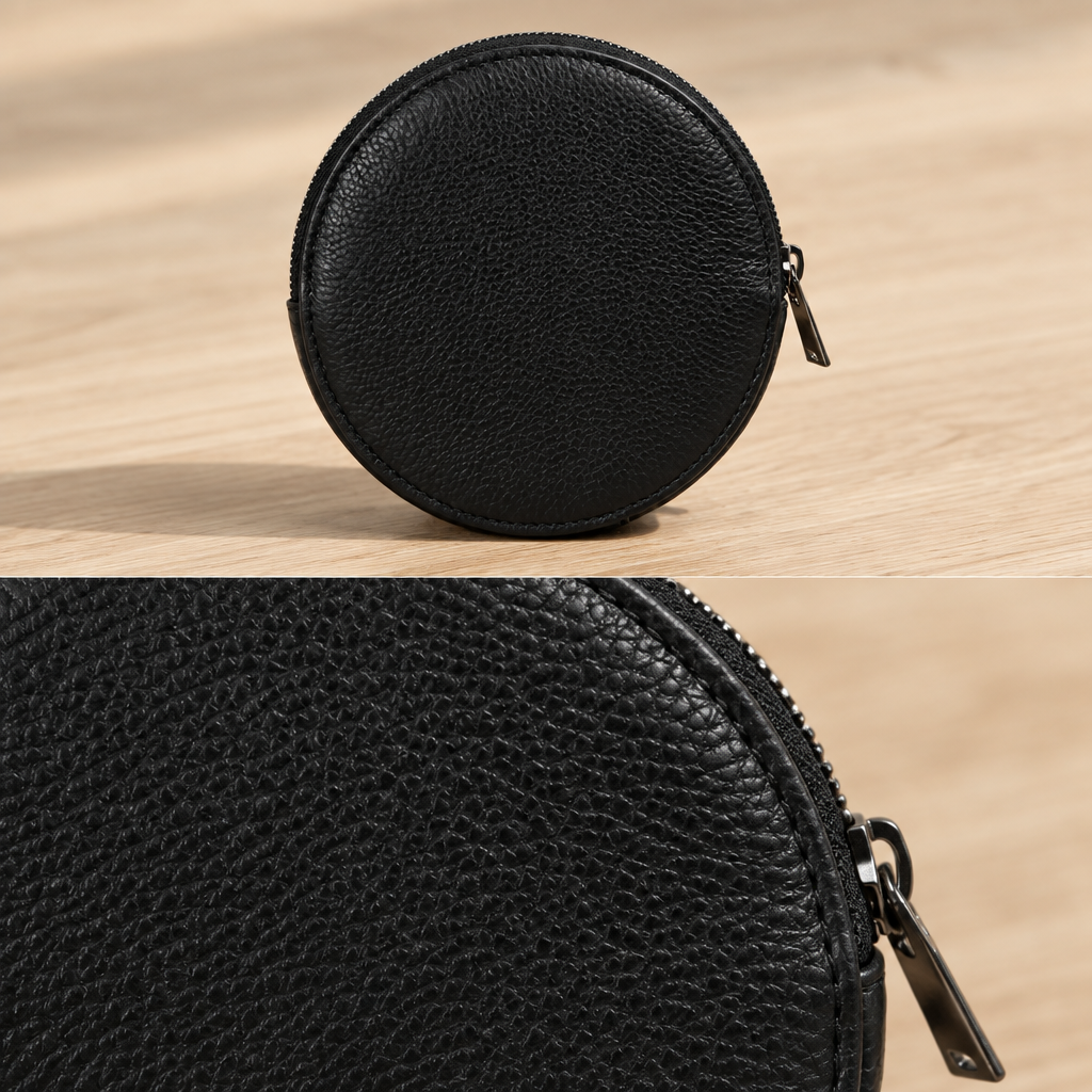 Pochette Almita Grande en cuir noir posée sur une table 