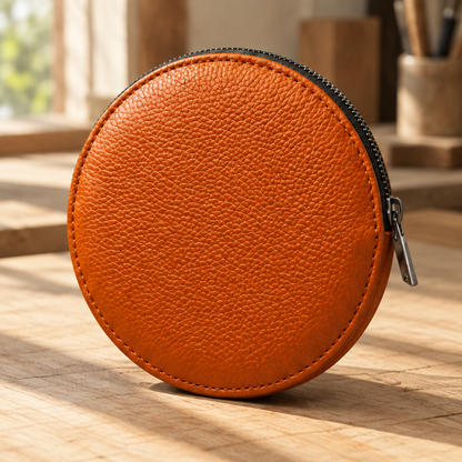 Pochette Almita Grande en cuir orange posée sur une table