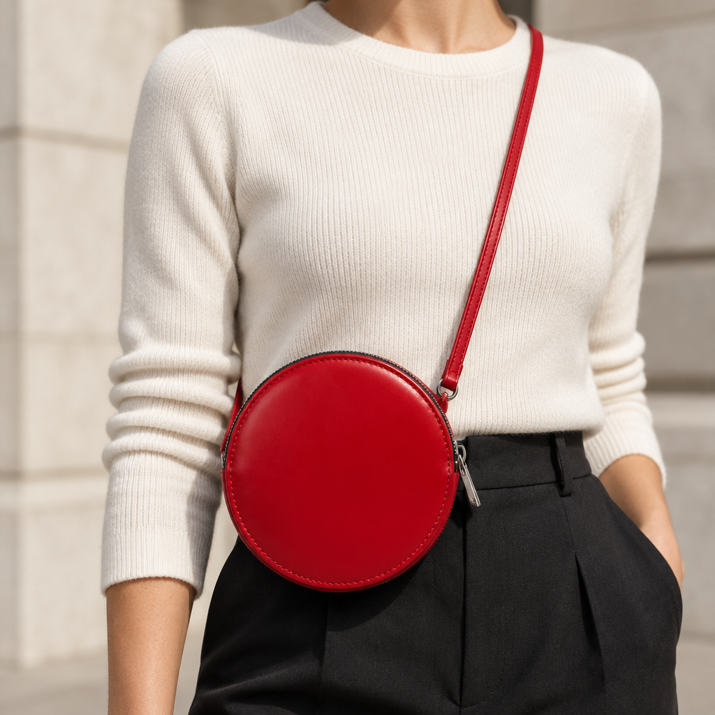 Pochette Almita Grande en cuir rouge portée à l’épaule 
