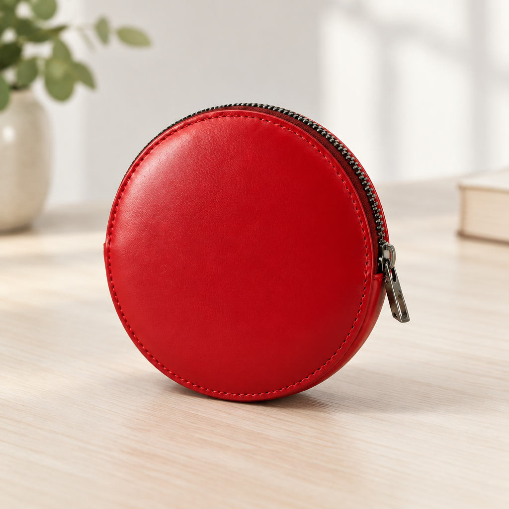 Pochette Almita Grande en cuir rouge posée sur une table 