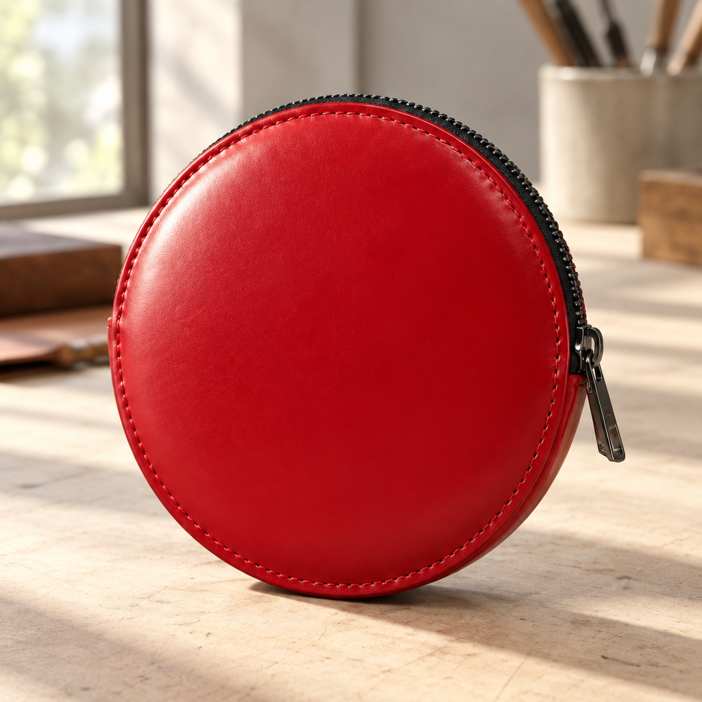 Pochette Almita Grande en cuir rouge posée sur une table