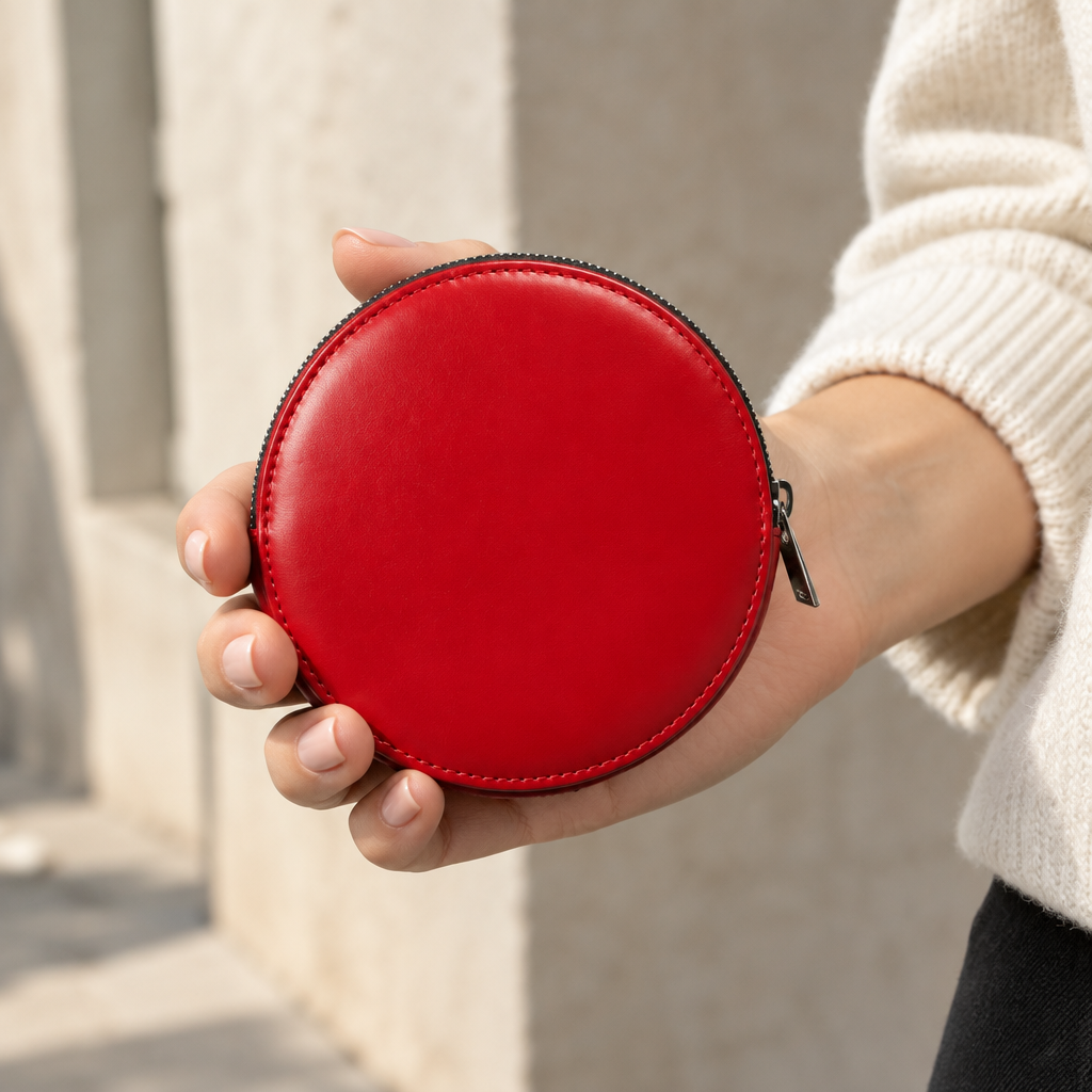 Pochette Almita Grande en cuir rouge tenue à la main