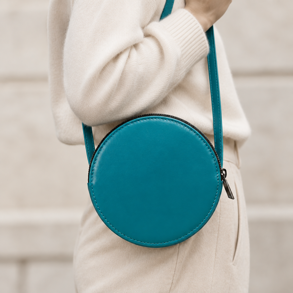 Pochette Almita Grande en cuir turquoise portée à l’épaule