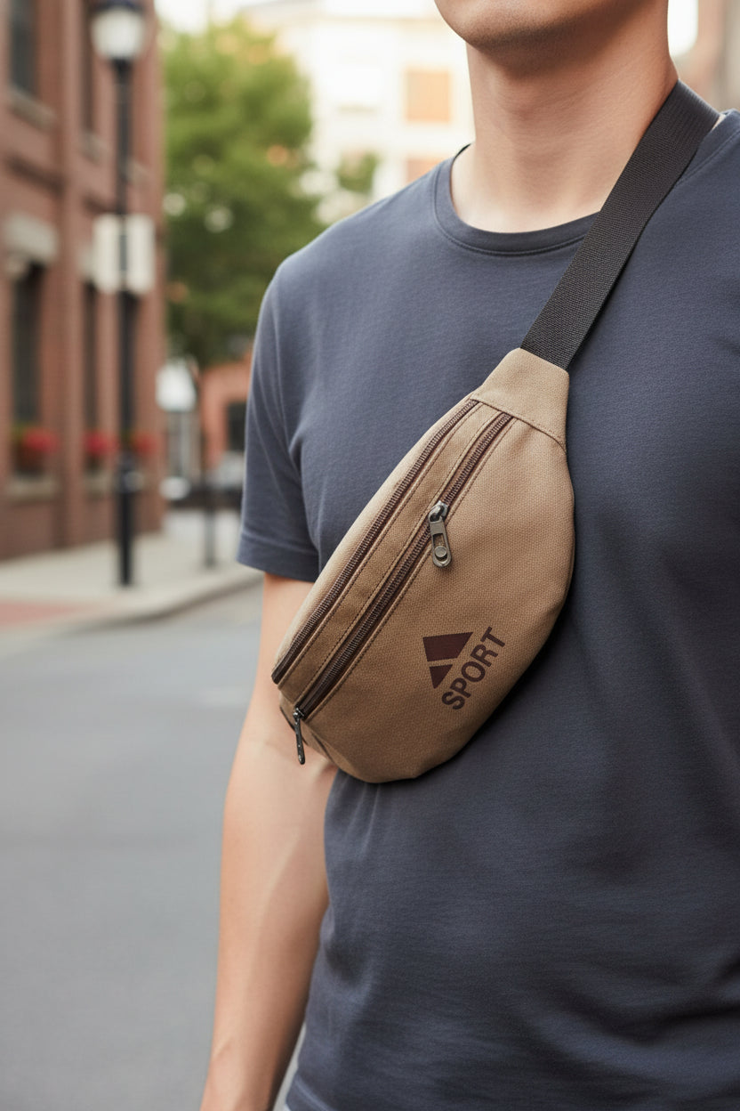 Sac banane beige sport unisexe porté en bandoulière – Bmassy