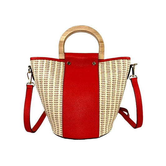 Sac Seau en Raphia Bandoulière et Cuir Rouge