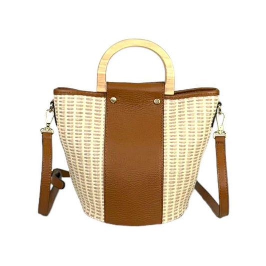 Sac Seau en Raphia et Cuir Clair et Marron – Poignées Bois & Bandoulière