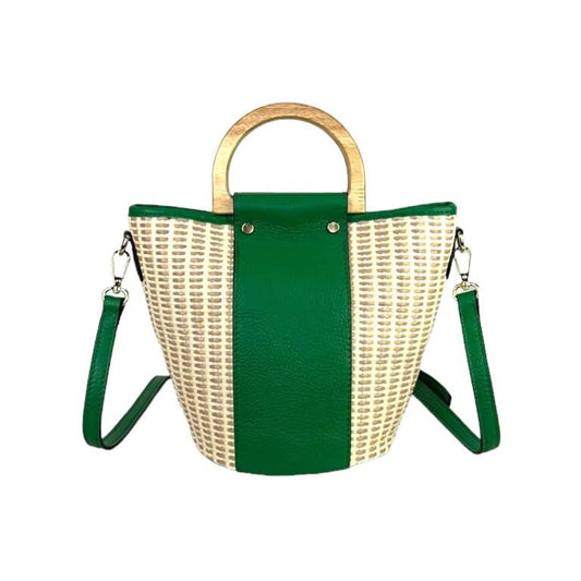 Sac Seau en Raphia et Cuir Clair et Vert – Poignées Bois & Bandoulière