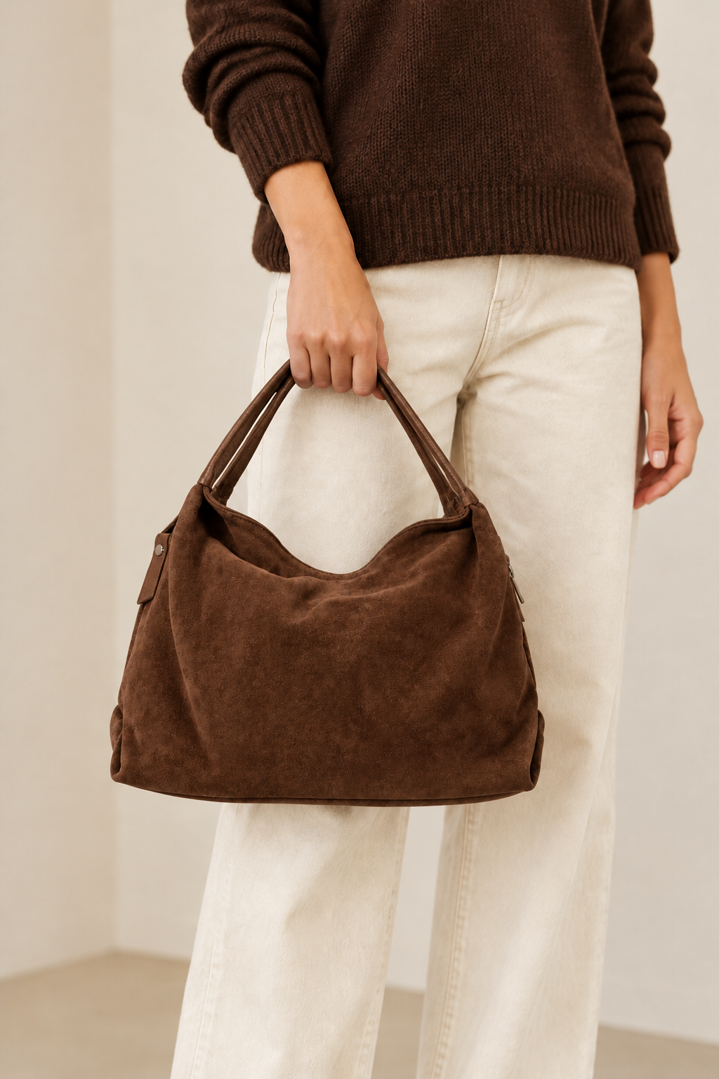 Sac Capucine en cuir velours marron porté à la main - bmassy