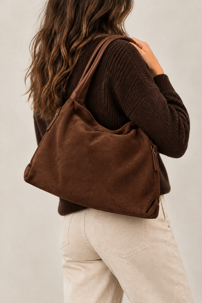 Sac Capucine en cuir velours marron porté à l’épaule, vu de dos 