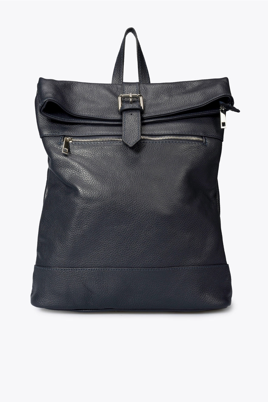 Sac à dos noir en cuir martelé avec rabat et poche zippée, collection Bmassy