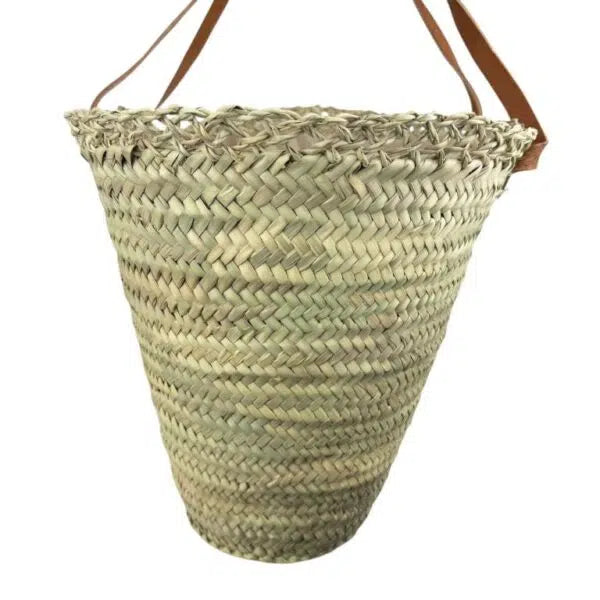 Grand panier capazo en raphia beige naturel avec deux longues poignées brunes