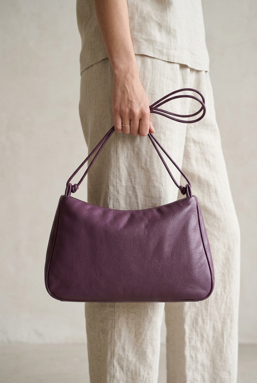 Sac MariLoli en cuir violet porté à la main