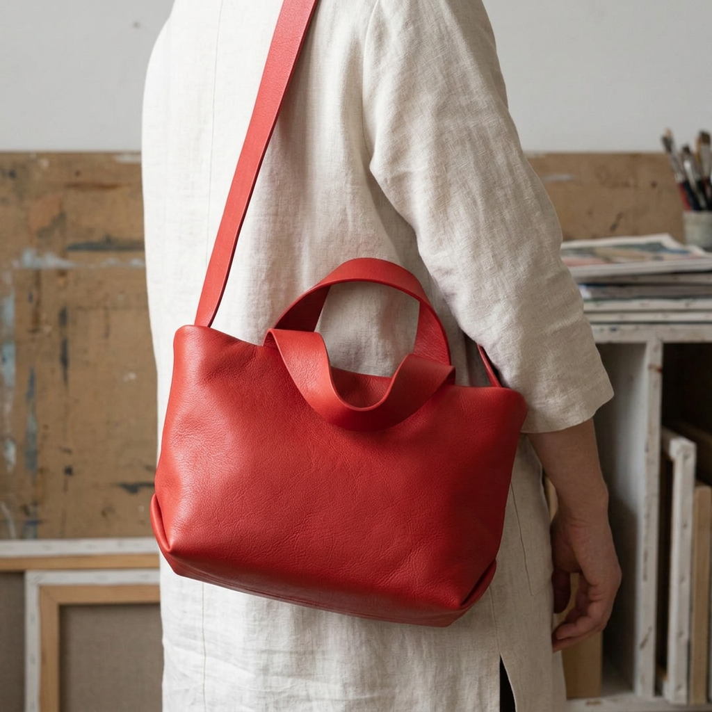 Sac Juanita en cuir rouge, porté à l’épaule avec sa bandoulière, Bmassy.