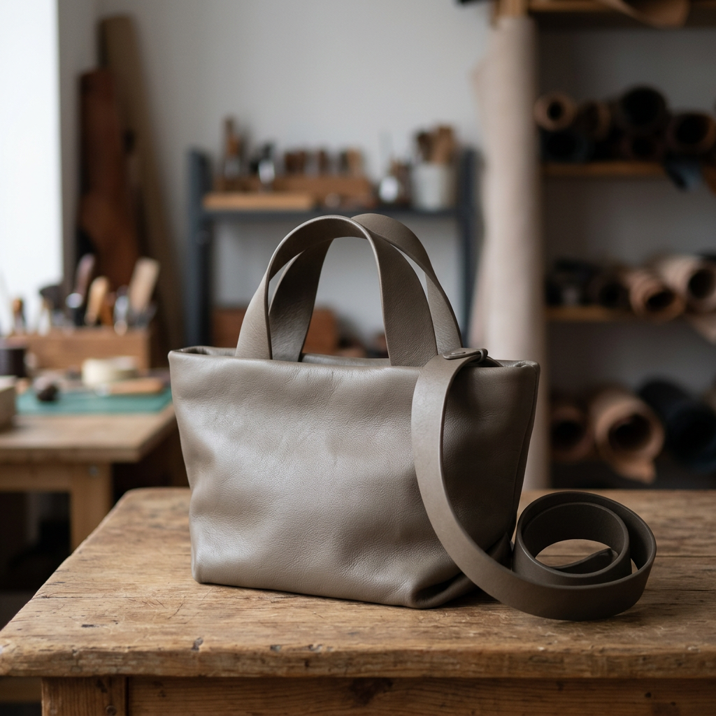 Sac Juanita en cuir gris, posé sur une table en bois avec sa bandoulière à côté, Bmassy.