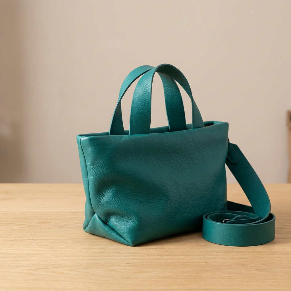 Sac Juanita en cuir turquoise, posé de trois quarts sur une table en bois clair, Bmassy.
