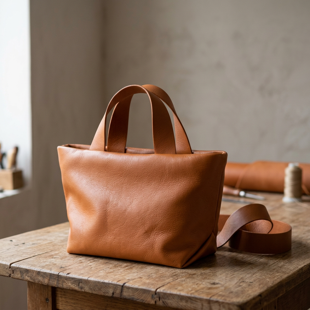 Sac Juanita en cuir orange terre cuite, posé sur une table en bois dans un atelier, Bmassy.