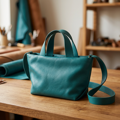 Sac Juanita en cuir turquoise, posé sur une table en bois dans un atelier, Bmassy.