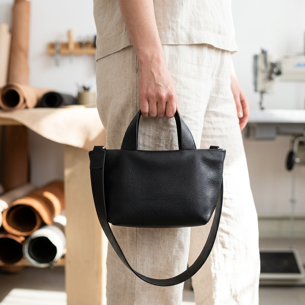 Sac Juanita en cuir noir, tenu à la main par ses poignées dans un atelier, Bmassy.