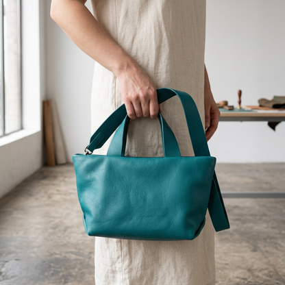 Sac Juanita en cuir turquoise, tenu à la main par ses poignées, Bmassy.